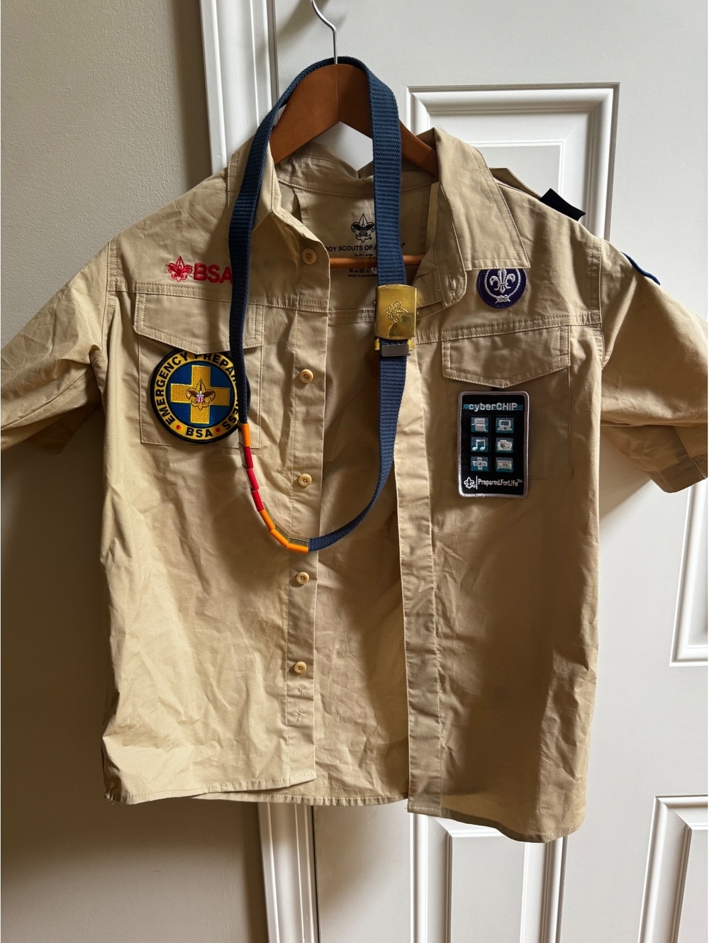 Official BSA Youth Large Tan Shirt Web Belt Patches Boy Scouts Uniform Lot